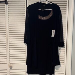 Elegant Navy Blue Sleeveless Dress with shear over lay jacket 3/4 sleeves